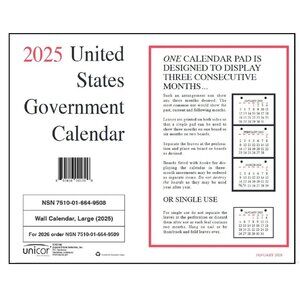 Unicor 2025 US Government Wall Calendar, Qty=1, Single Calendar
